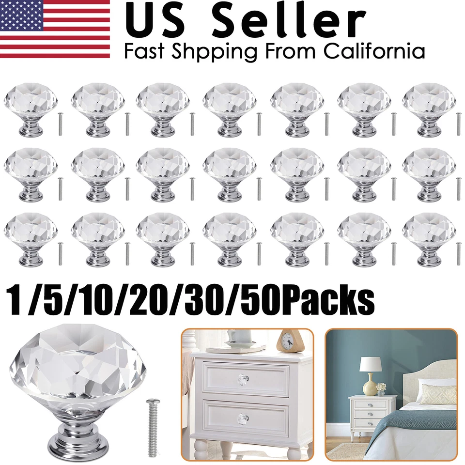 YUMARKET 1~50PACK Door Handle Diamond Crystal Clear Glass Cabinet Drawer Pull Knobs Home