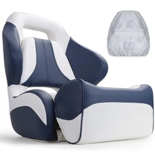 NORTHCAPTAIN White/Navy Blue Sport Flip Up Boat Bucket Seat with Boat Seat Cover