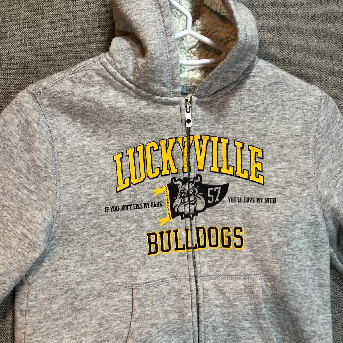 Lucky Brand Hoodie Boys S 7 8 Gray Sherpa Lined Luckyville Bulldogs Full Zip