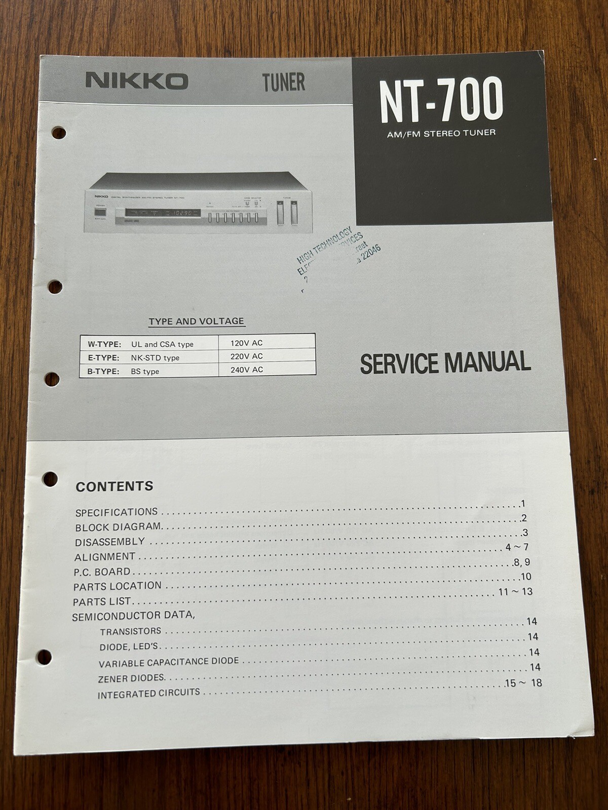 Nikko NT-700 AM/FM Stereo Tuner Service Manual Original Genuine OEM Schematic