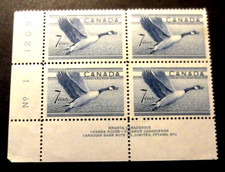 Canada-1952-Goose 7c Blue-Plate Block of 4-MH Good gum