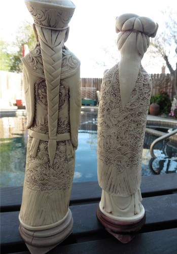Vintage Asian Couple Carved Resin Emperor & Empress Statue Man And Woman - Picture 3 of 11