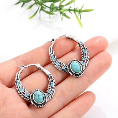 925 Sterling Silver Turquoise Eagle Hawk Falcon Bird Feathers 1'' Hoop Earrings
