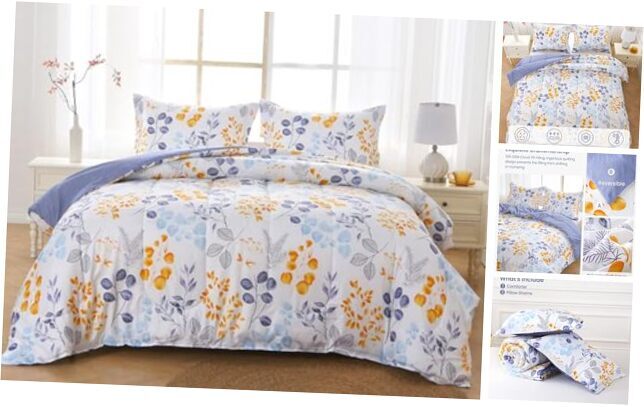 Comforter Set, Blue and Yellow Botanical Leaf Printed Queen Blue Yellow Leaf-image