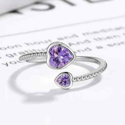 Sterling Silver Plated Heart-shaped Rhinestone Ring Cute Adjustable Purple Women