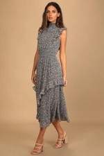 Lulus Evalina Black Floral Print Mock Neck Midi Dress