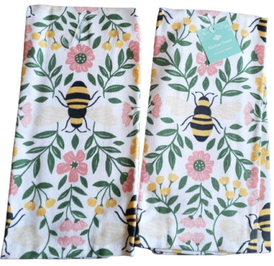 Set Of 2 Same Cotton Terry Towels (16''x26'') MIRRORED BEES, LEAVES & FLOWERS,Ritz