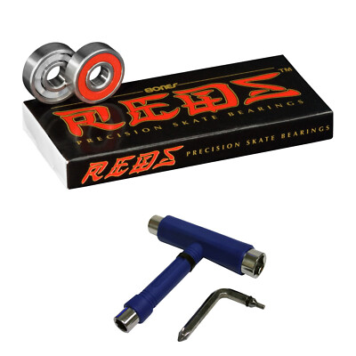 Bones Reds Skateboard Bearings 8mm Size 608 8 Pack + Spacers AND BLUE T-TOOL