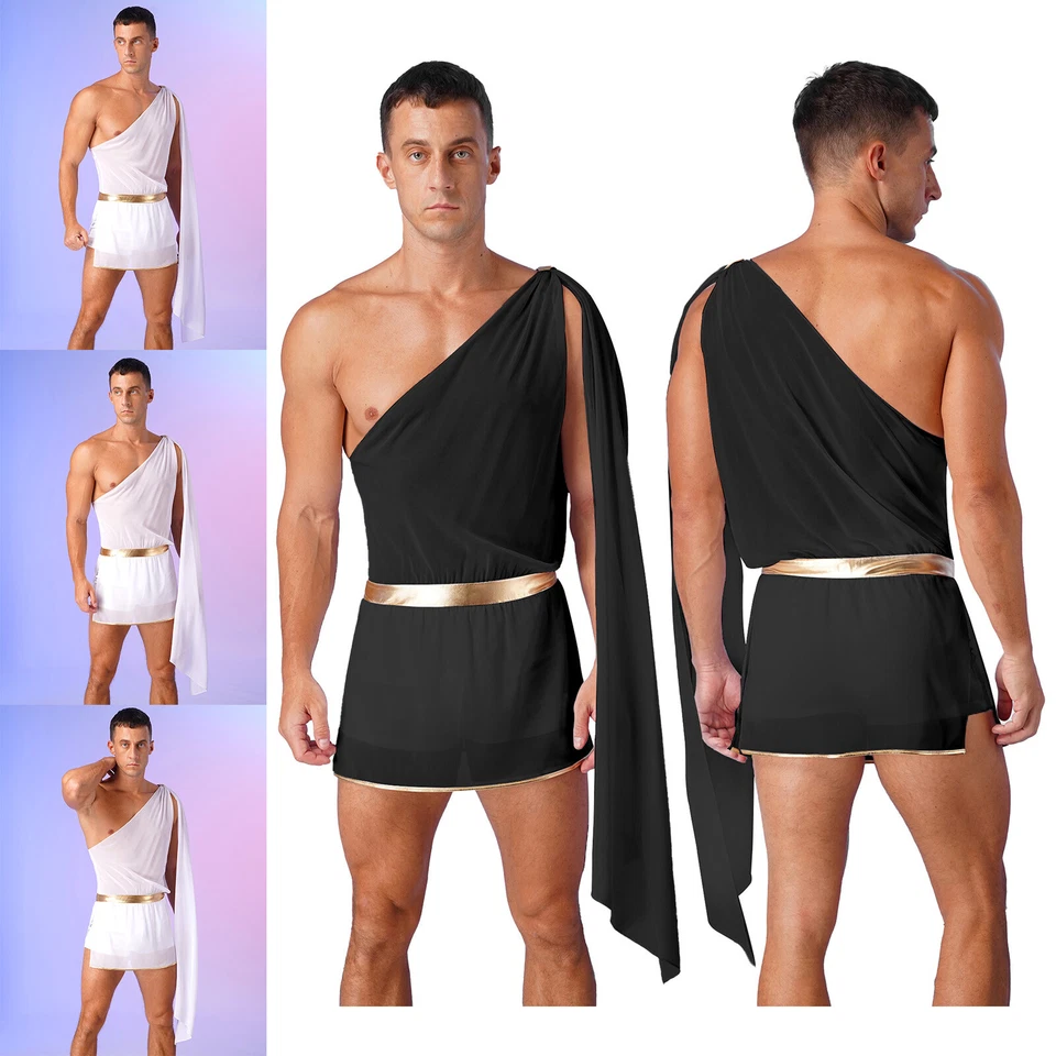 Men's Ancient Roman Greek Toga Halloween Costume One Shoulder Gold Trim Dress - Image 3 of 4