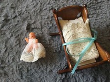 Fab Vintage Dolls House Celluloid Baby In Christening Gown / Wooden Rocking Cot