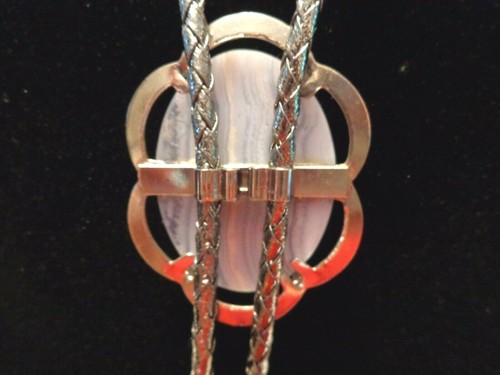 Vintage Bolo Tie with Blue Ripple Agate with Silver Tone Accents 36" Length - Picture 3 of 5