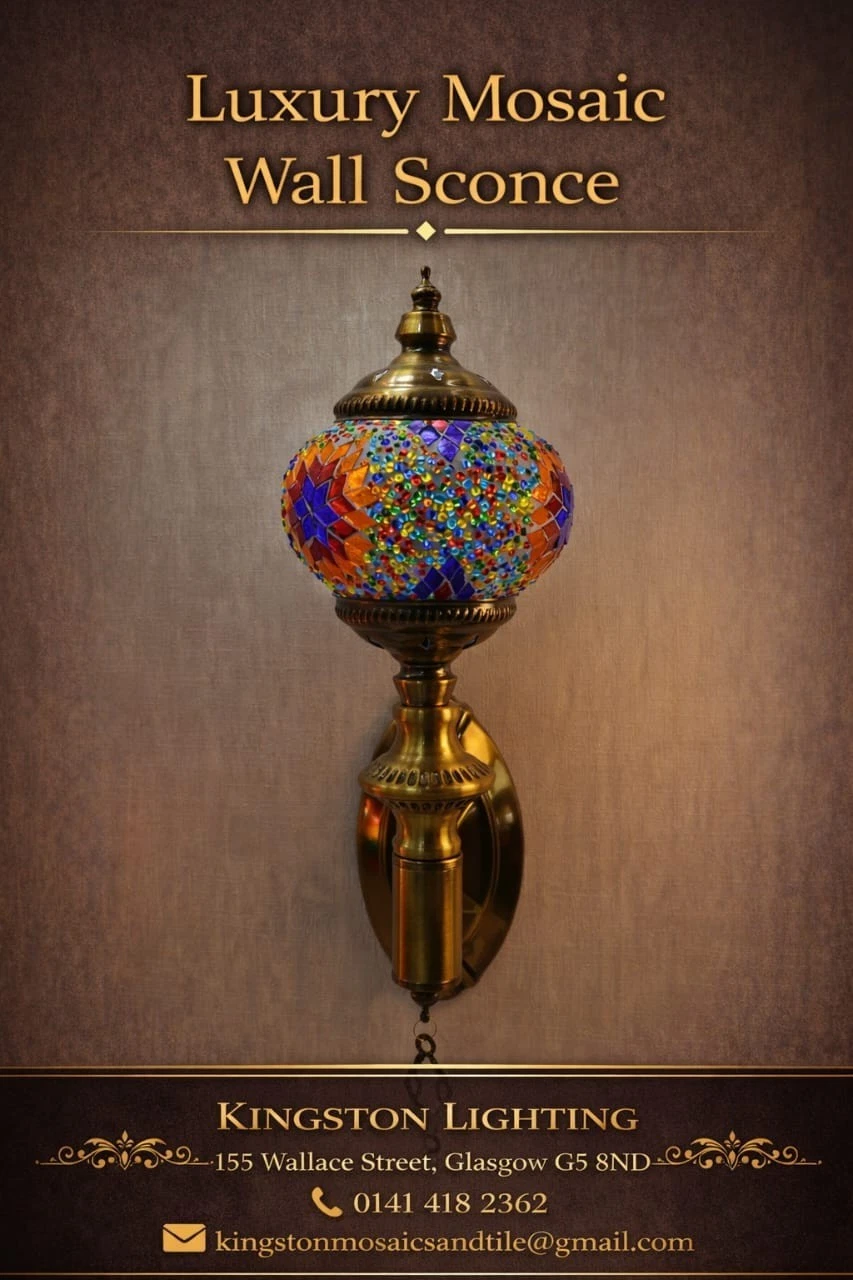Luxury Turkish Mosaic Wall Lamp – Handcrafted Brass & Multicolor Glass Sconce - Picture 1 of 7