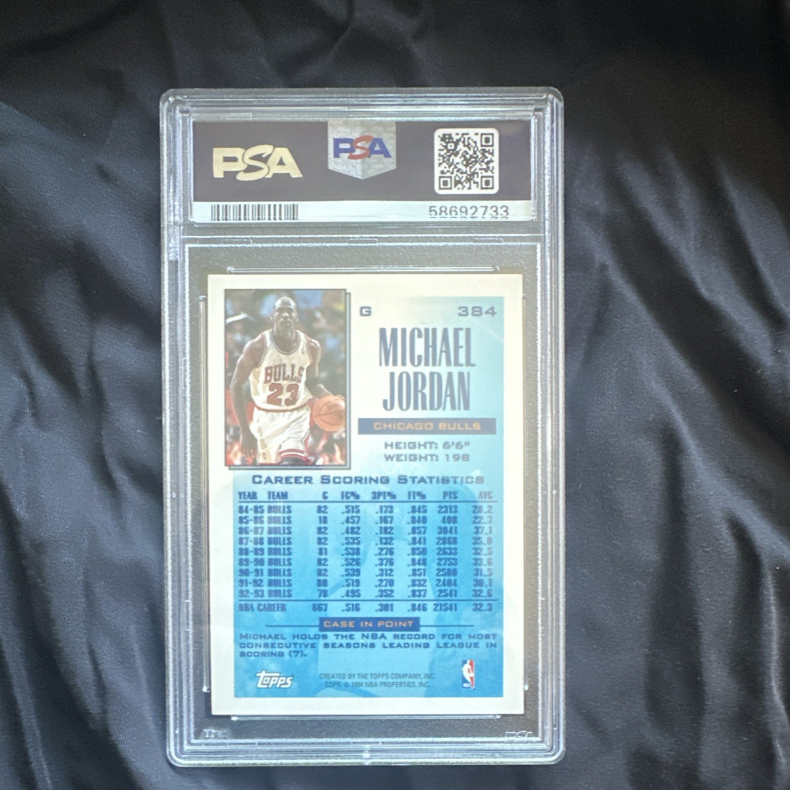 Topps 1993 Michael Jordan Bulls #384 Reigning Scoring Leader PSA 8 Graded view 2
