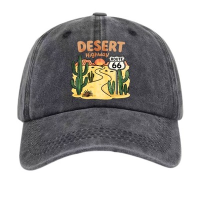 Vintage Washed Khaki Dad Hat - Route 66 Desert Cactus Western Baseball Cap
