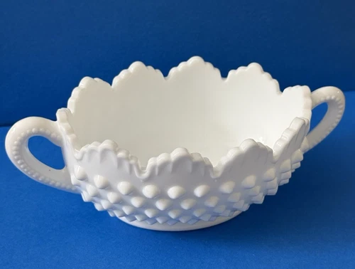 Vintage Fenton Bowl Hobnail Milk Glass 7" Oval Handled Sugar Nut Bowl