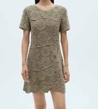 NWT MANGO Khaki Crochet Knitted Cotton Mini Dress Boho Cottagecore Size 2