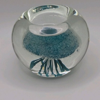 Jellyfish Art Glass 3'' Paperweight turquoise Aqua Clear  tea light holder