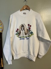 Vintage Womens White Dog Print Crew Neck Sweatshirt Oneita Y2K M