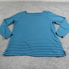 LL Bean Top Womens Petite Medium Blue Striped Boat Neck Long Sleeve Basic Cotton