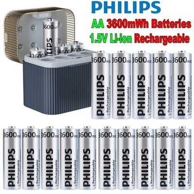 Philips Rechargeable AA Batteries 2400mAh 1.5V Li-ion Battery Lot / Charger Box
