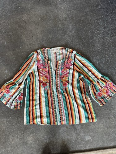 Savanna Jane Pop-Over-Top mehrfarbig gestreift Blumen bestickt Neu mit Etikett Large - Bild 1 von 9