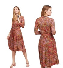 Maeve Anthropologie Womens Belted Midi Dress Pink Red Paisley XS Petite Retro