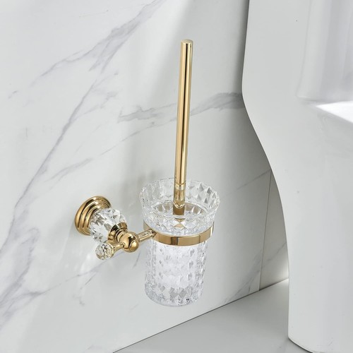 Soporte para cepillo de inodoro de cristal con elegantes detalles dorados, fácil instalación - Imagen 3 de 11