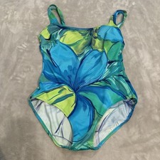 Vintage 90s Longitude Green Blue Floral Tropical One Piece Swimsuit Sz 10