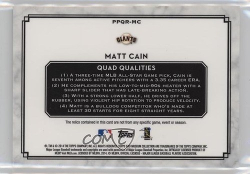 Colección Museo 2014 piezas primarias para un jugador reliquias cuádruples/99 Matt Cain - Imagen 2 de 4