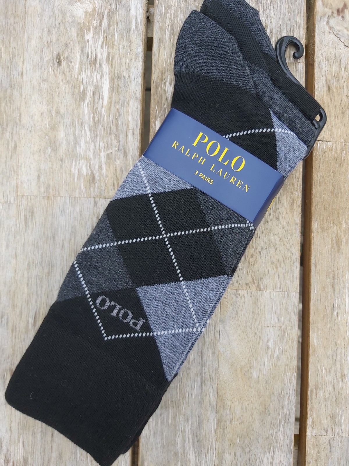 GENUINE 3 PAIRS : POLO RALPH LAUREN Argyle Black & Grey Mens SOCKS ADULT RL13