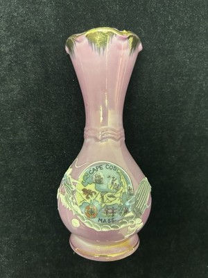 OLDER CAPE COD MASS.  ADVERTISING VASE WITH DRAGONS -- PINK AND GOLD GLAZE -- 6''