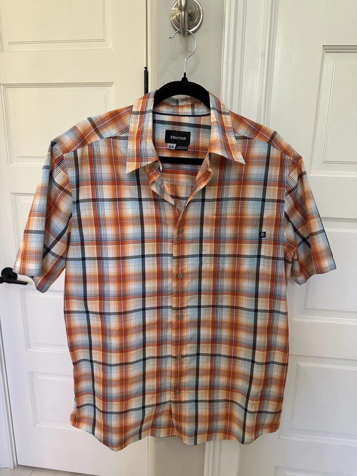 Marmot Men’s M Orange Plaid Short Sleeve Button Up Shirt Outdoor Hiking Camping
