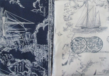 FABRIC: 2pc Nautical Map Ocean Sailboat Navy White Cotton Quilt Craft 2yds F28