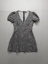 Divided Women Mini Dress M Black Floral V Neck Puff Sleeve Tie Waist Summer Wear