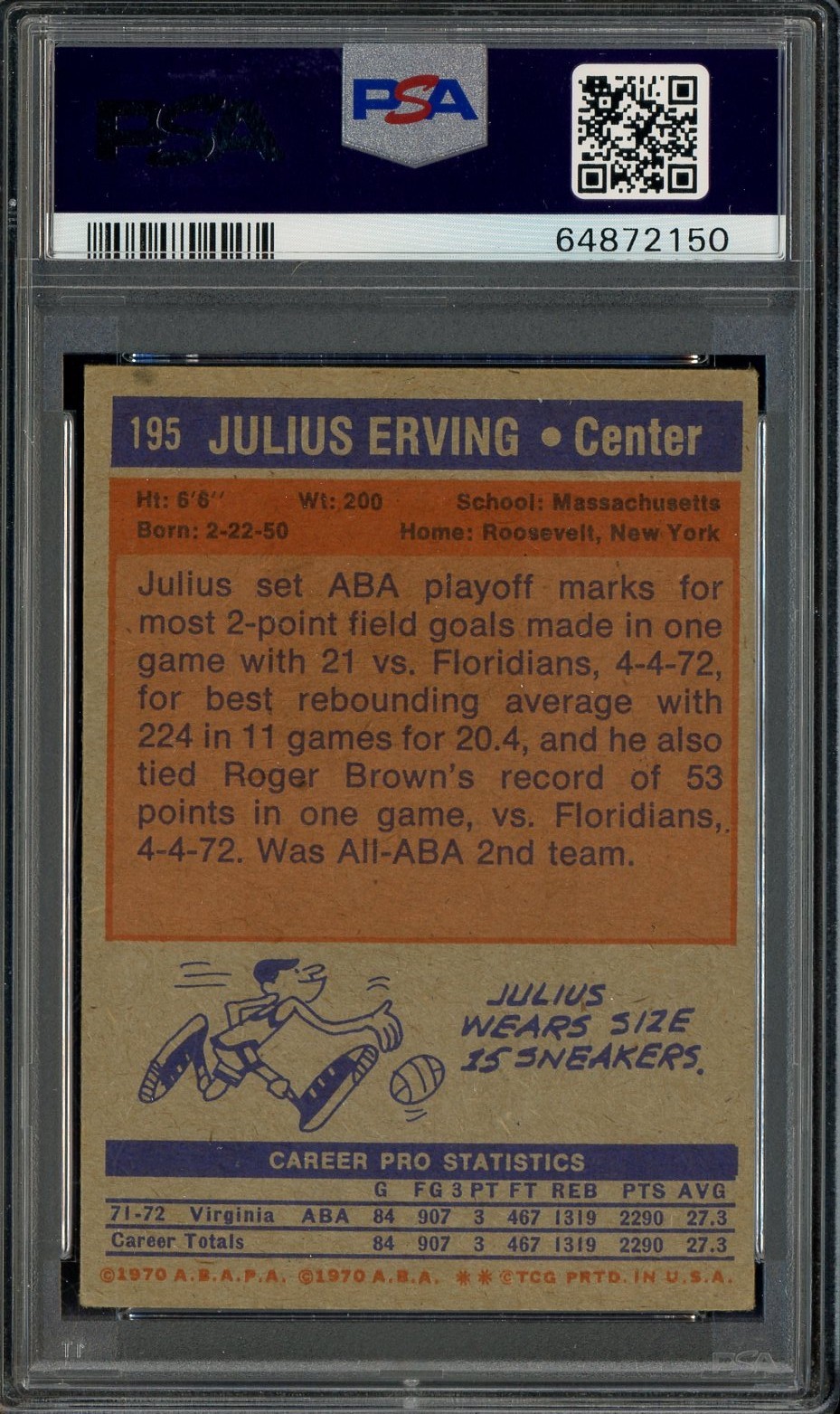 Julius Erving Dr. J HOF Signed Autograph 1972 Topps Rookie Card 195 PSA 10 AUTO view 2