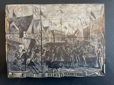 Antique Donnybrook Fair 1850 Wood & Metal Printer s Block Carnival Scene