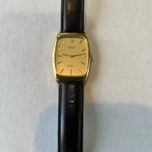 Vtg Ref 4136 Men’s Rolex Cellini 18k Gold Watch With Leather Band Engraved Case