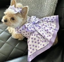 DOG HARNESS DRESS  LAVENDER  DOTS     NEW HANDMADE  FREE SHIPPING