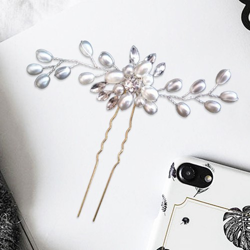 White Flower Wedding Hair Pins Bridesmaid Crystal Diamante Pearls Bridal Clips - Picture 9 of 12
