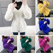 Maglione In Finta Mohair Per Donna Con Cintura, Peloso In Pile Con Pizzo