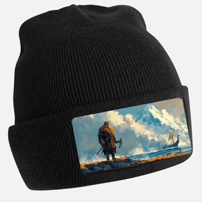 Black Beanie Hat with Cool Viking Motif - Unisex Cap, Cotton