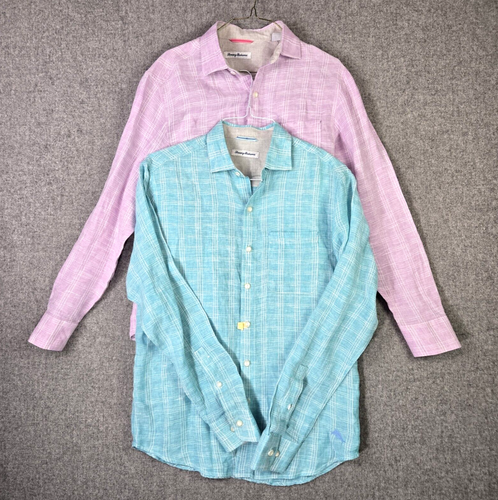 Tommy Bahama Paket 2 kleine karierte blau lila 100 % Leinen Langarmhemden