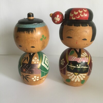 Japanischer Wabble Wackelkopf Holzpuppen handbemalt 1950er Jahre