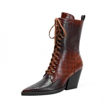Womens Faux Leather Pointed Toe Mid Block Heel Lace Up Stone Ankle Boots Vintage