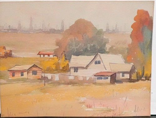 WALLINE SMALL ORIGINAL WATERCOLOR HOMESTEAD CITY SKY SCRAPERS PAINTING UNFRAMED - Picture 4 of 5