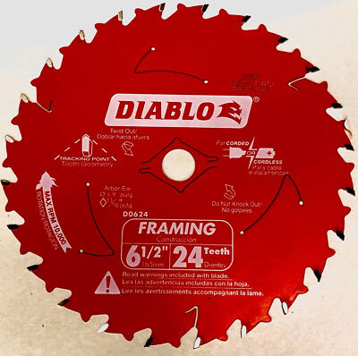 Diablo D0624 6 1/2'' x 24 Tooth Tracking Point Wood Framing Saw Blade, Carbide