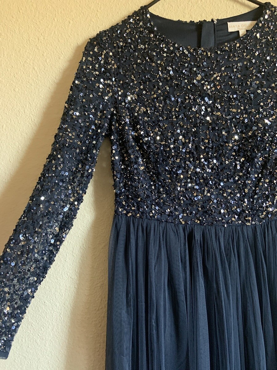 Maya Petite Bridesmaid long sleeve maxi tulle dress tonal delicate sequins  Size4 | eBay