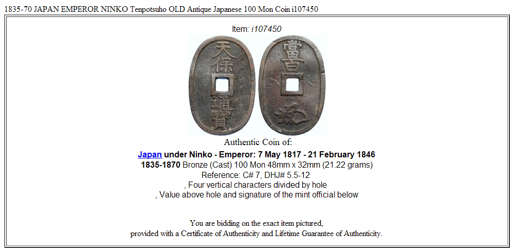 1835-70 JAPAN EMPEROR NINKO Tenpotsuho OLD Antique Japanese 100