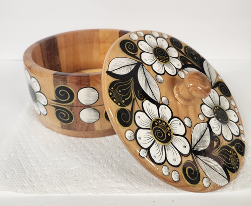 Ciotola rotonda in legno fatta a mano boho groovy retrò decoupage fiori con coperchio rovere - Foto 6 di 14