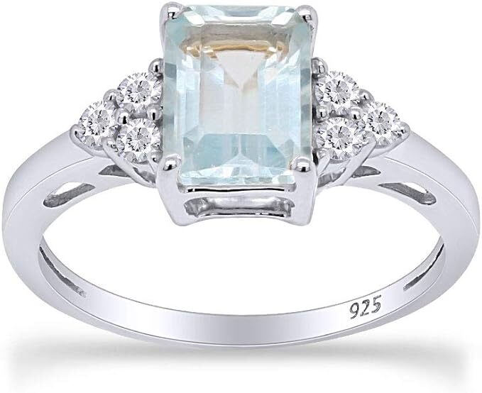Engagement Ring Simulated Blue Aquamarine & White Topaz 925 Sterling Silver-image